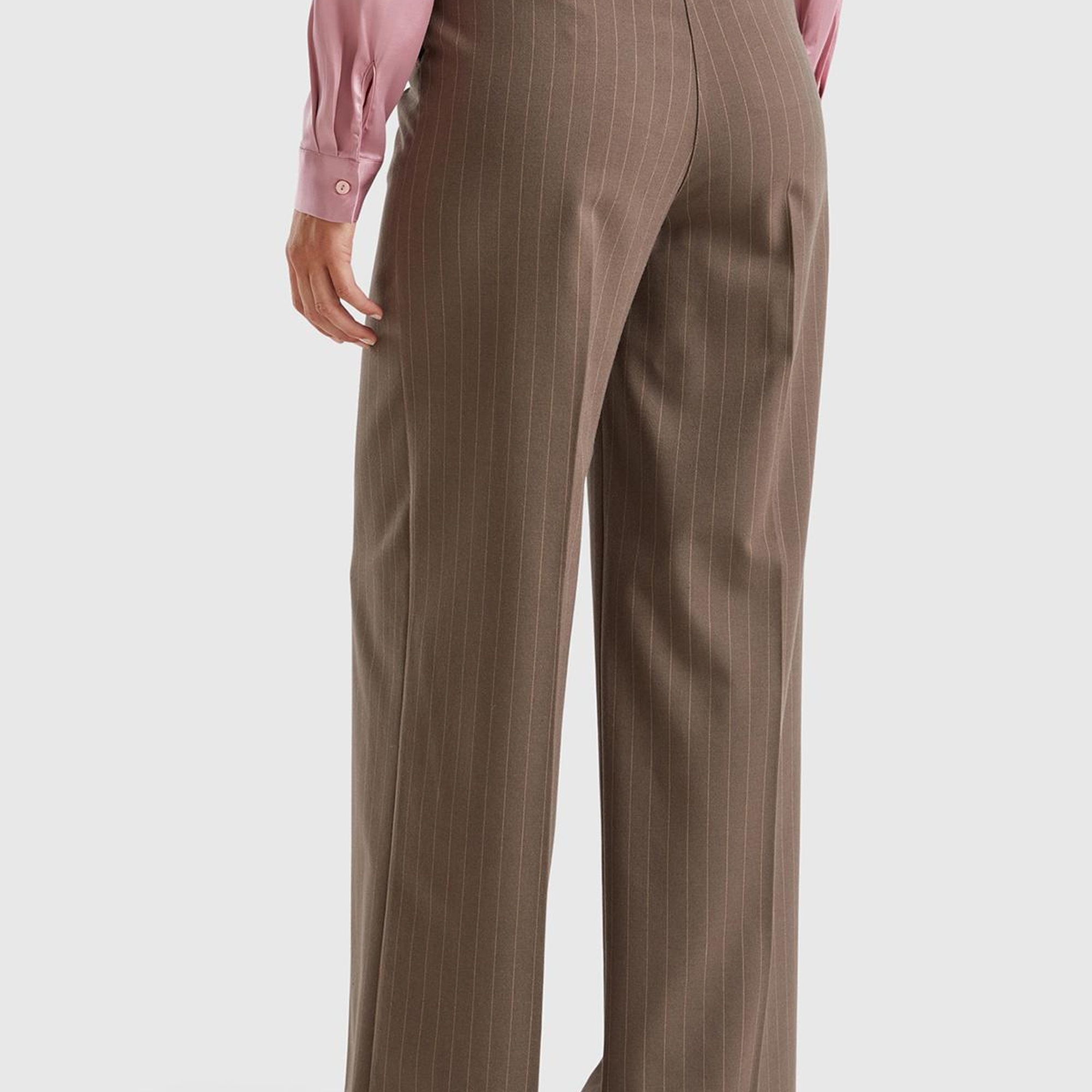 Kadın Taba Viskoz Karışımlı Önü Cepli İnce Çizgili Geniş Paça Pantolon