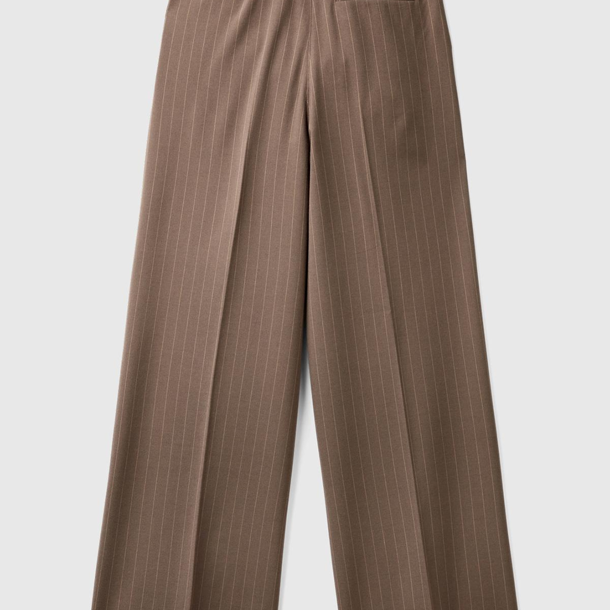 Kadın Taba Viskoz Karışımlı Önü Cepli İnce Çizgili Geniş Paça Pantolon