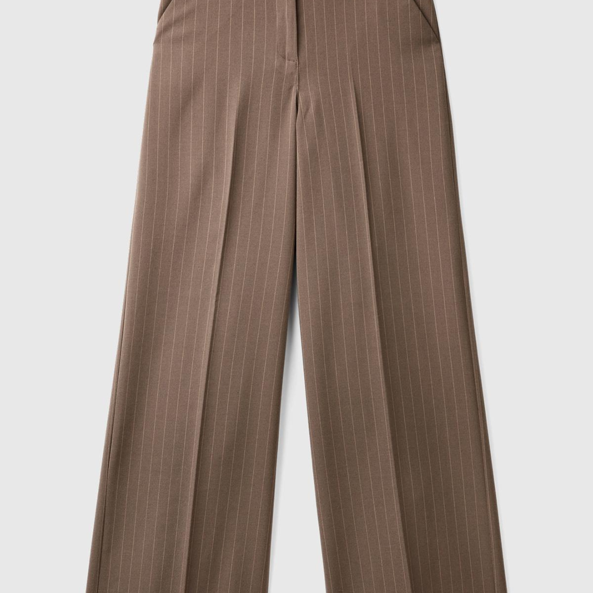 Kadın Taba Viskoz Karışımlı Önü Cepli İnce Çizgili Geniş Paça Pantolon