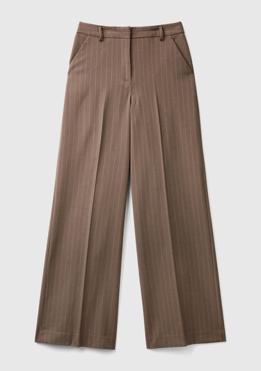  Kadın Taba Viskoz Karışımlı Önü Cepli İnce Çizgili Geniş Paça Pantolon