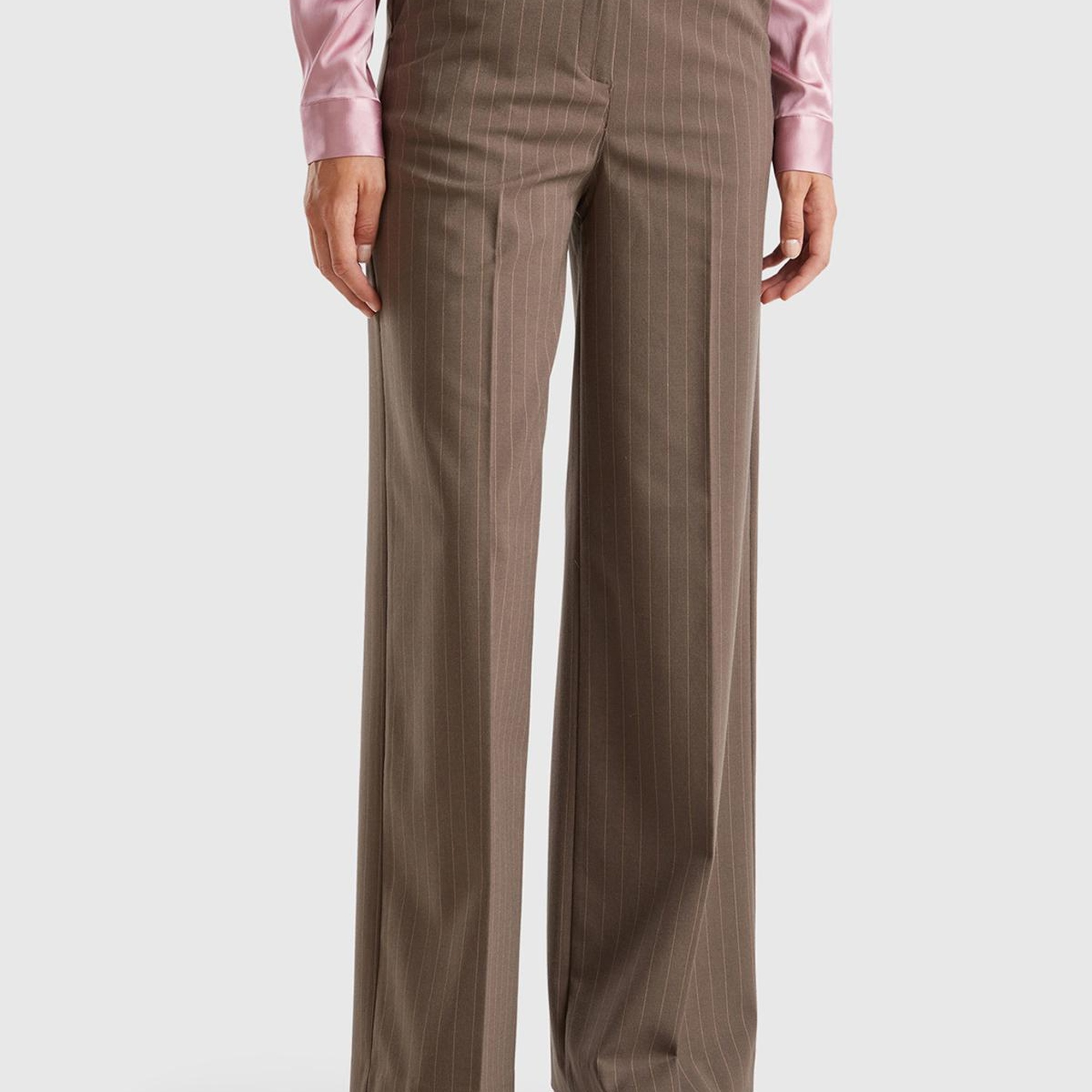 Kadın Taba Viskoz Karışımlı Önü Cepli İnce Çizgili Geniş Paça Pantolon