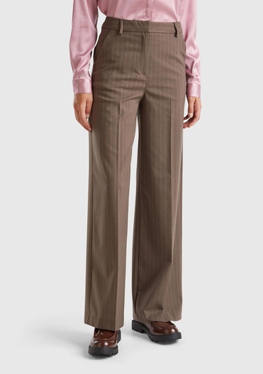  Kadın Taba Viskoz Karışımlı Önü Cepli İnce Çizgili Geniş Paça Pantolon