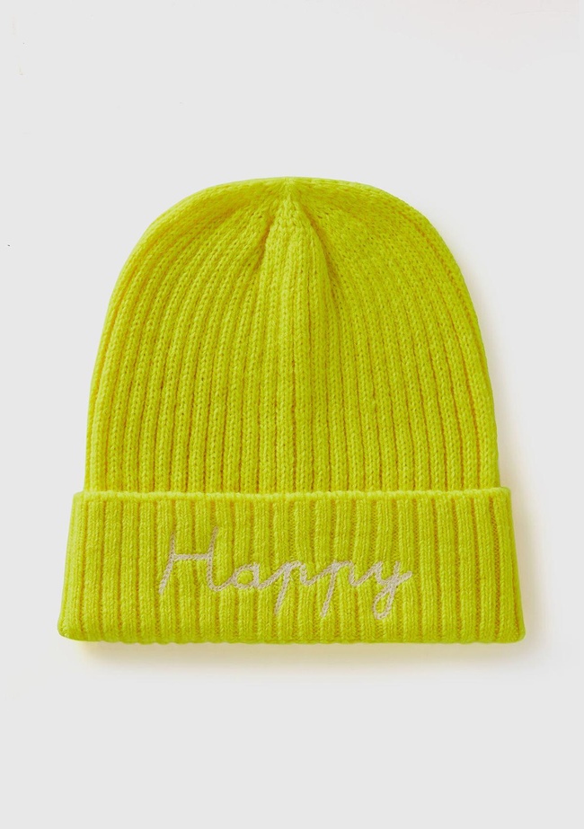  Kadın Sarı Yün Karışımlı Slogan İşlemeli Bere