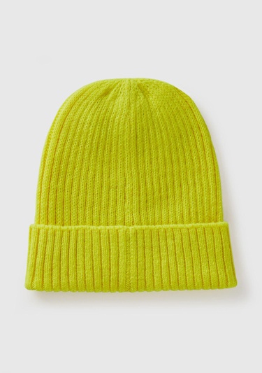  Kadın Sarı Yün Karışımlı Slogan İşlemeli Bere