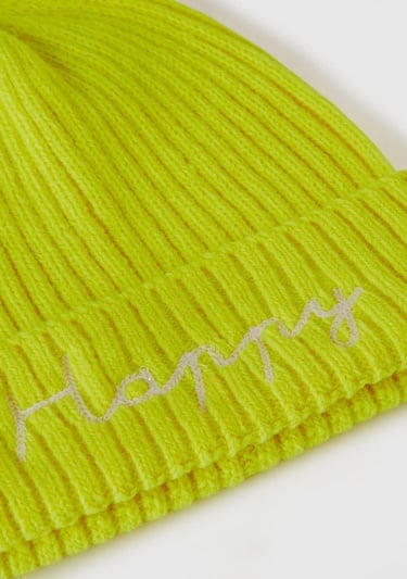  Kadın Sarı Yün Karışımlı Slogan İşlemeli Bere