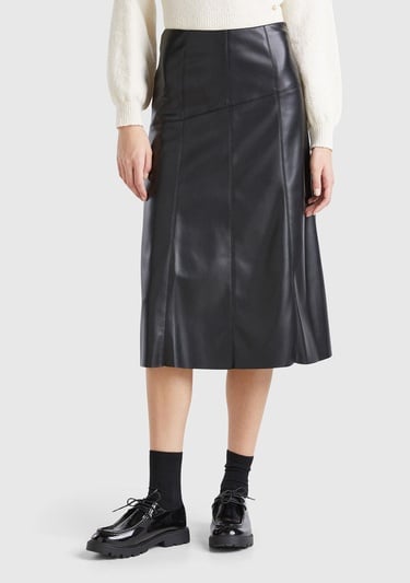  Kadın Siyah Dikiş Detaylı Görünmez Fermuarlı Hafif Kloş Midi Etek