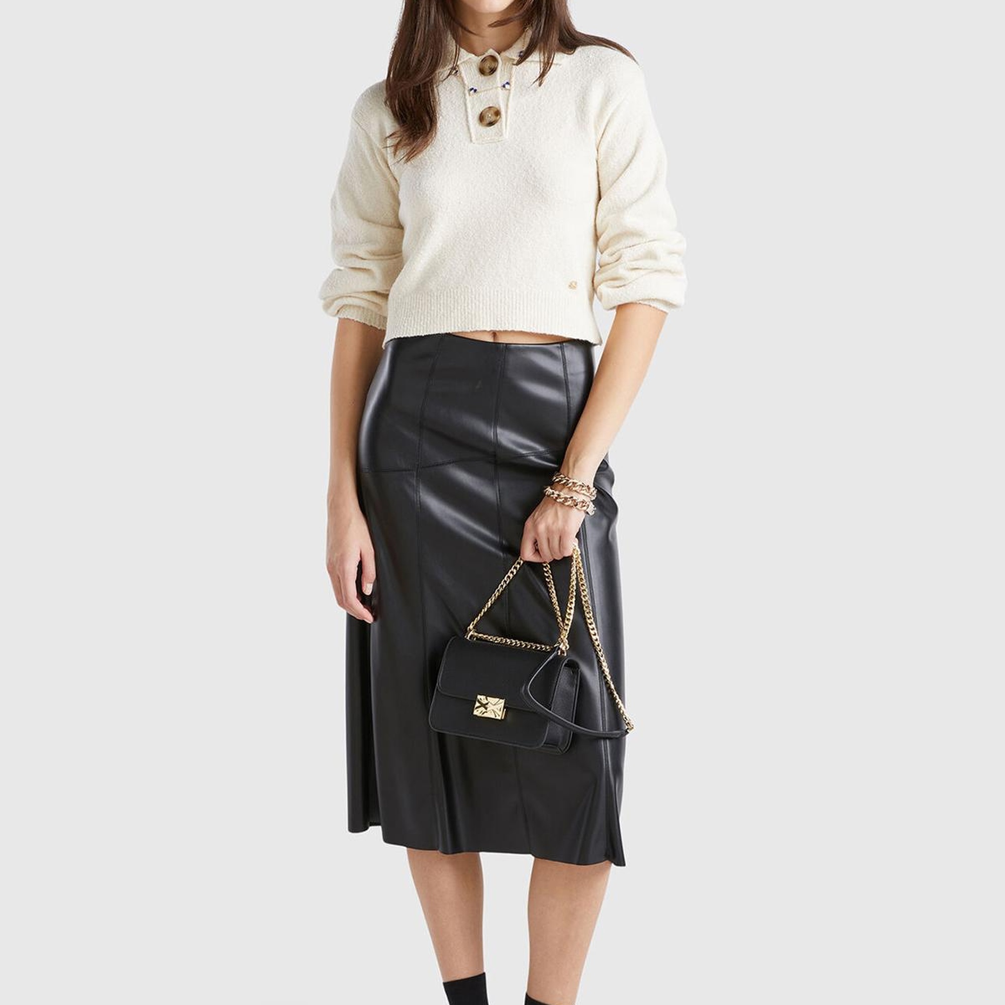 Kadın Siyah Dikiş Detaylı Görünmez Fermuarlı Hafif Kloş Midi Etek