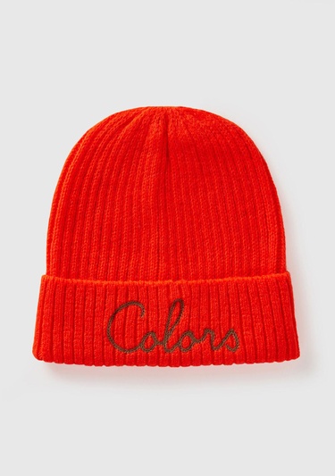  Kadın Turuncu Yün Karışımlı Slogan İşlemeli Bere