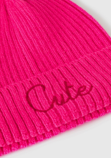  Kadın Pembe Yün Karışımlı Slogan İşlemeli Bere