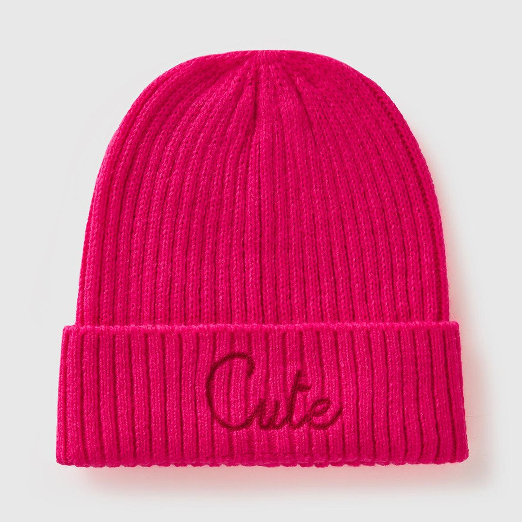 Kadın Pembe Yün Karışımlı Slogan İşlemeli Bere