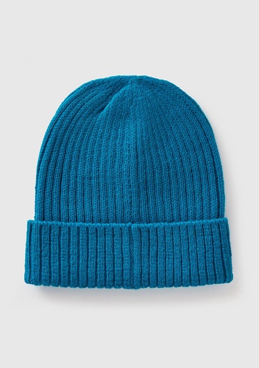  Kadın Mavi Yün Karışımlı Slogan İşlemeli Bere