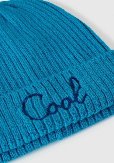  Kadın Mavi Yün Karışımlı Slogan İşlemeli Bere