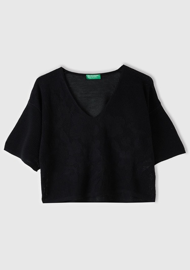  Kadın Siyah Pamuk Modal Karışımlı Motifli V Yaka Crop Triko T-Shirt