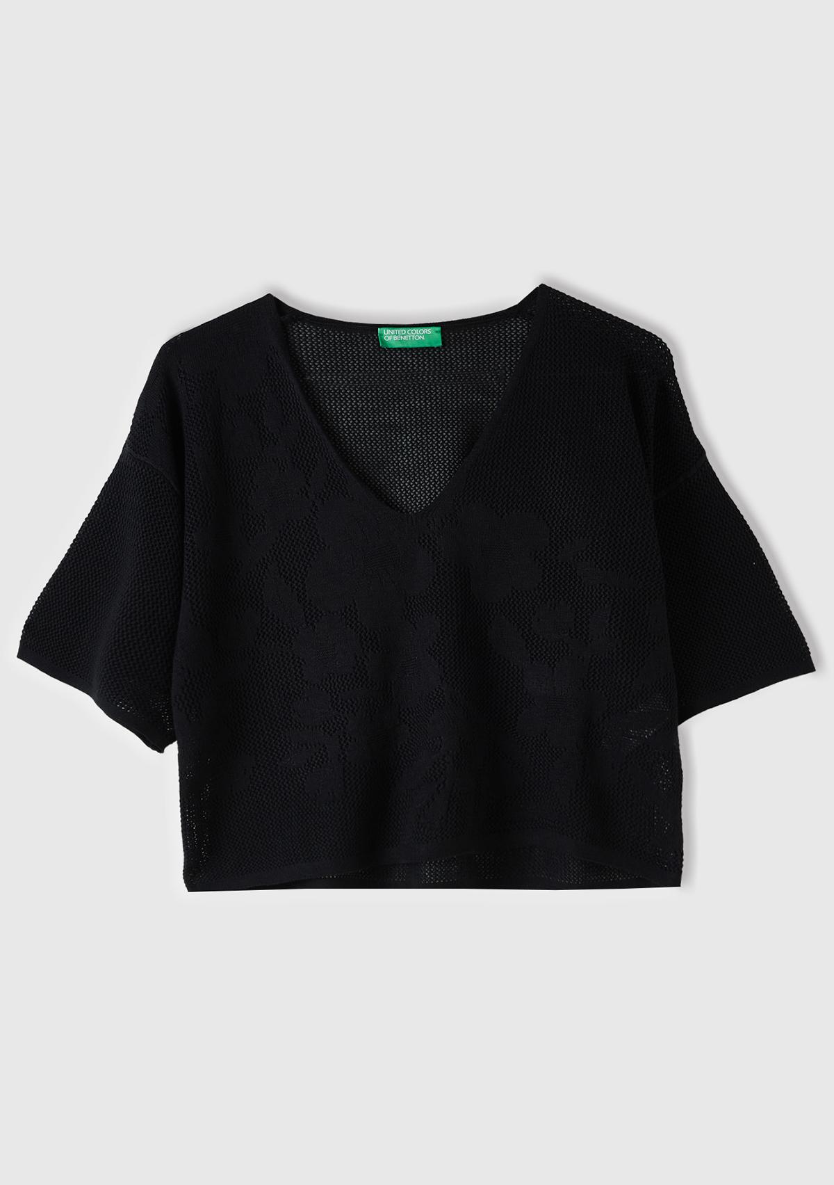  Kadın Siyah Pamuk Modal Karışımlı Motifli V Yaka Crop Triko T-Shirt