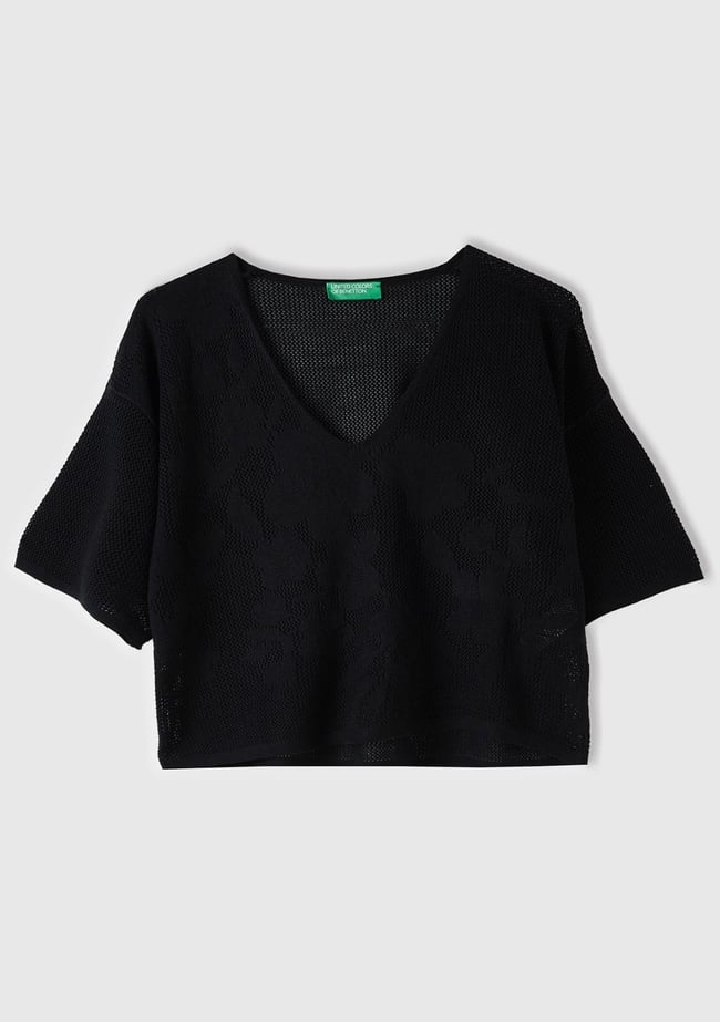  Kadın Siyah Pamuk Modal Karışımlı Motifli V Yaka Crop Triko T-Shirt