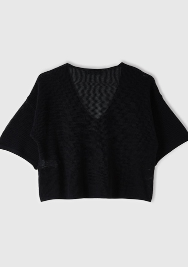  Kadın Siyah Pamuk Modal Karışımlı Motifli V Yaka Crop Triko T-Shirt