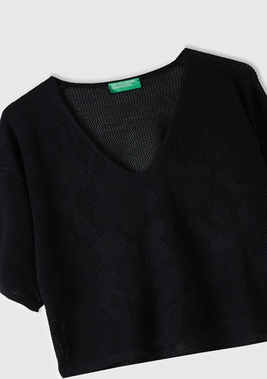  Kadın Siyah Pamuk Modal Karışımlı Motifli V Yaka Crop Triko T-Shirt