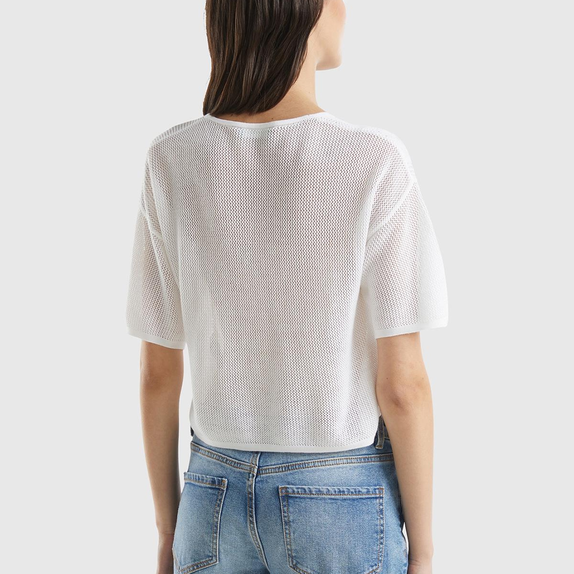 Kadın Beyaz Pamuk Modal Karışımlı Motifli V Yaka Crop Triko T-Shirt