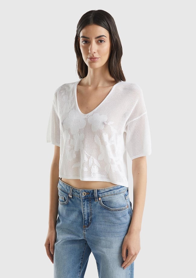  Kadın Beyaz Pamuk Modal Karışımlı Motifli V Yaka Crop Triko T-Shirt