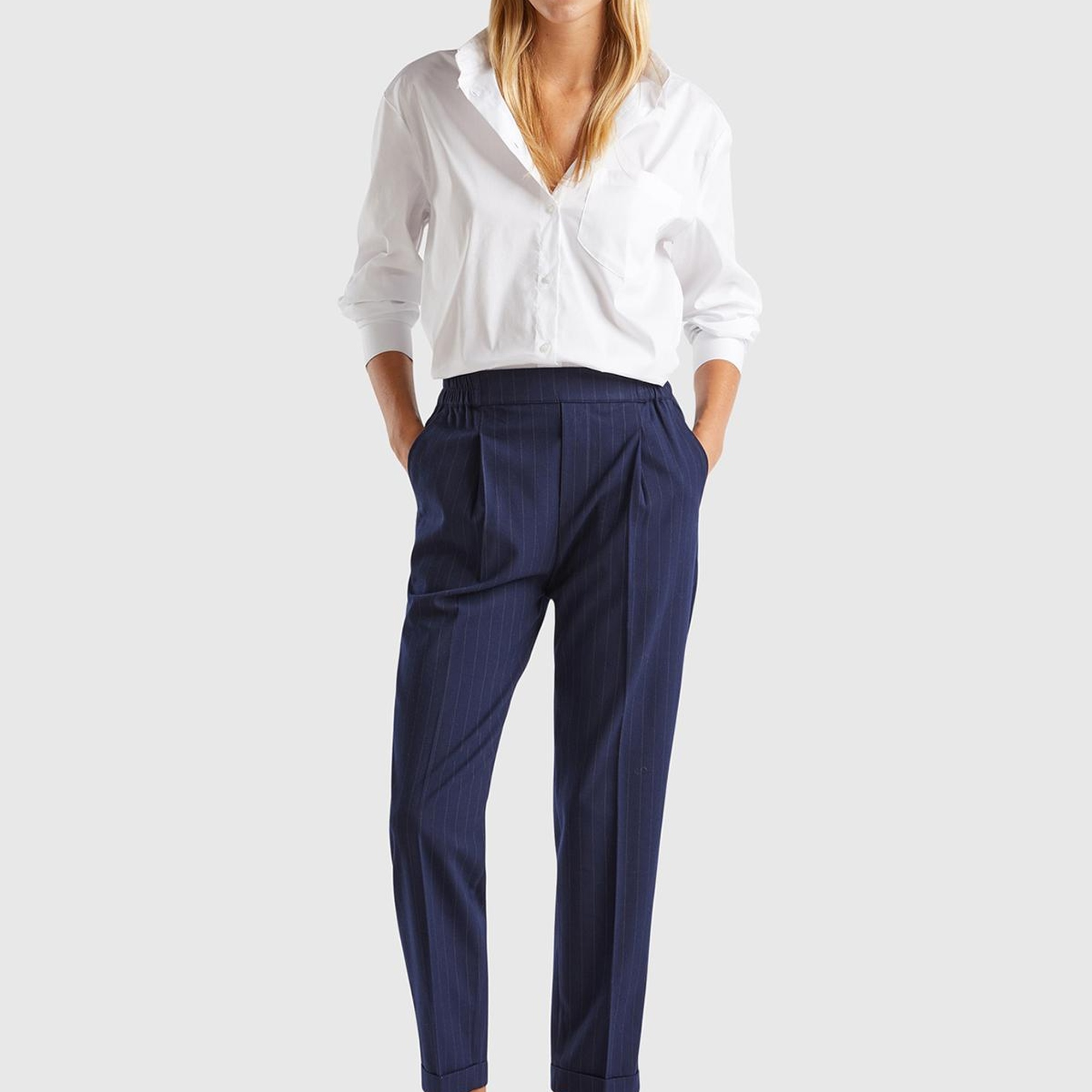 Kadın Lacivert Viskoz Karışımlı Beli Lastikli İnce Çizgili Jogger Pantolon