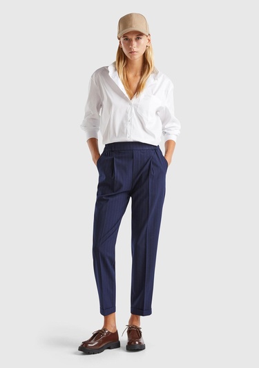  Kadın Lacivert Viskoz Karışımlı Beli Lastikli İnce Çizgili Jogger Pantolon
