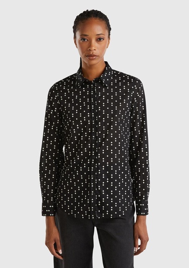  Kadın Siyah %100 Koton Desenli Gömlek