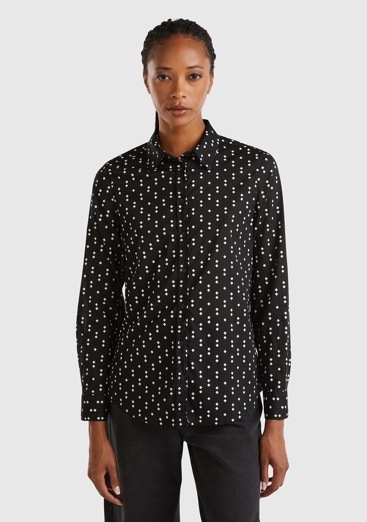  Kadın Siyah %100 Koton Desenli Gömlek