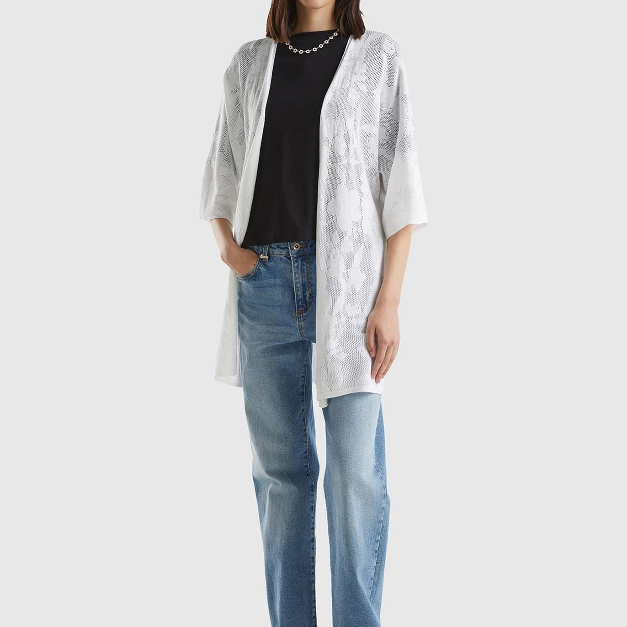 Kadın Beyaz Pamuk Modal Karışımlı Motifli Kısa Kollu Hırka