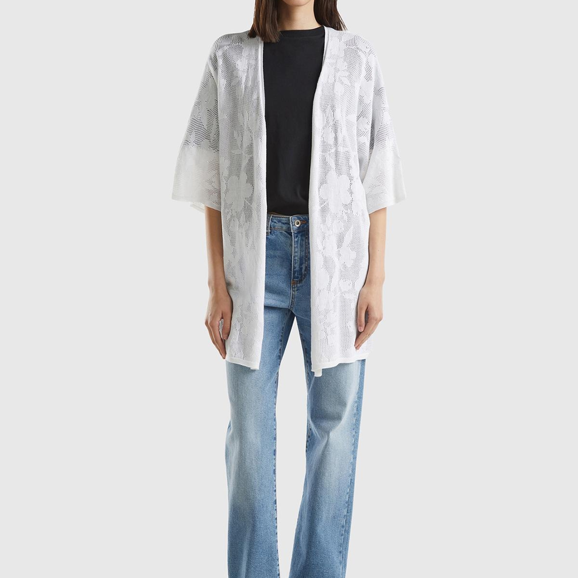 Kadın Beyaz Pamuk Modal Karışımlı Motifli Kısa Kollu Hırka