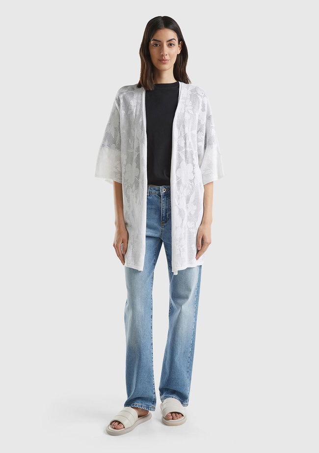  Kadın Beyaz Pamuk Modal Karışımlı Motifli Kısa Kollu Hırka