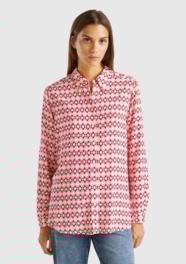  Kadın Pembe %100 Viskoz Tamamı Desenli Uzun Kollu Gömlek