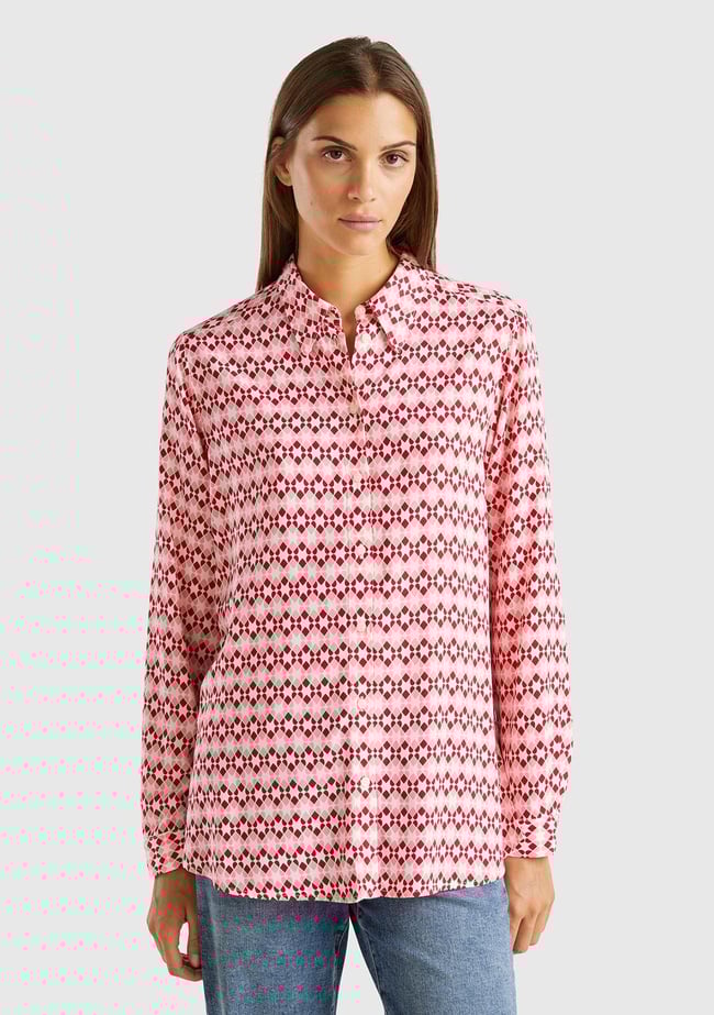  Kadın Pembe %100 Viskoz Tamamı Desenli Uzun Kollu Gömlek