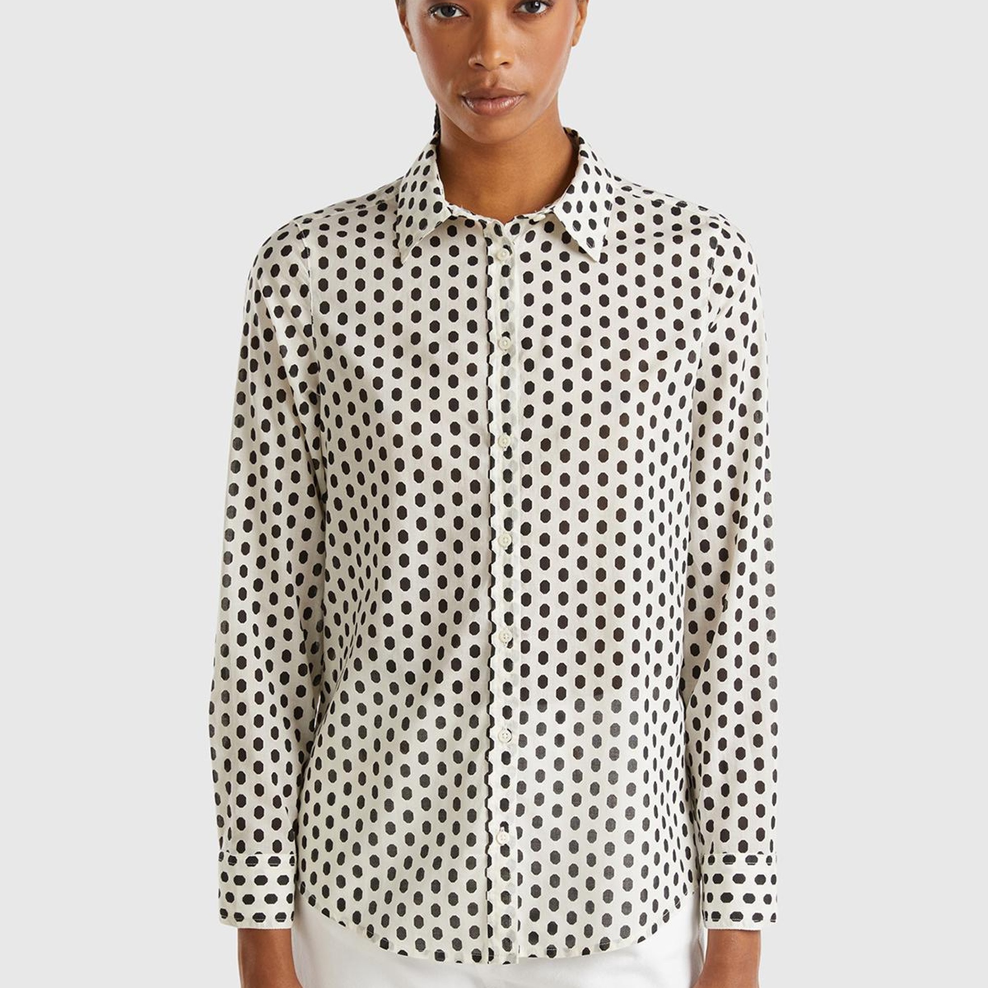 Kadın Beyaz %100 Koton Desenli Gömlek