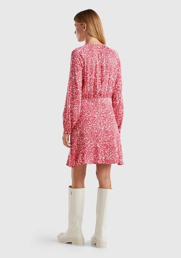  Kadın Kırmızı %100 Viskoz Önü Damla Etek Ucu Fırfırlı Desenli Elbise