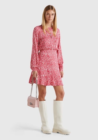  Kadın Kırmızı %100 Viskoz Önü Damla Etek Ucu Fırfırlı Desenli Elbise