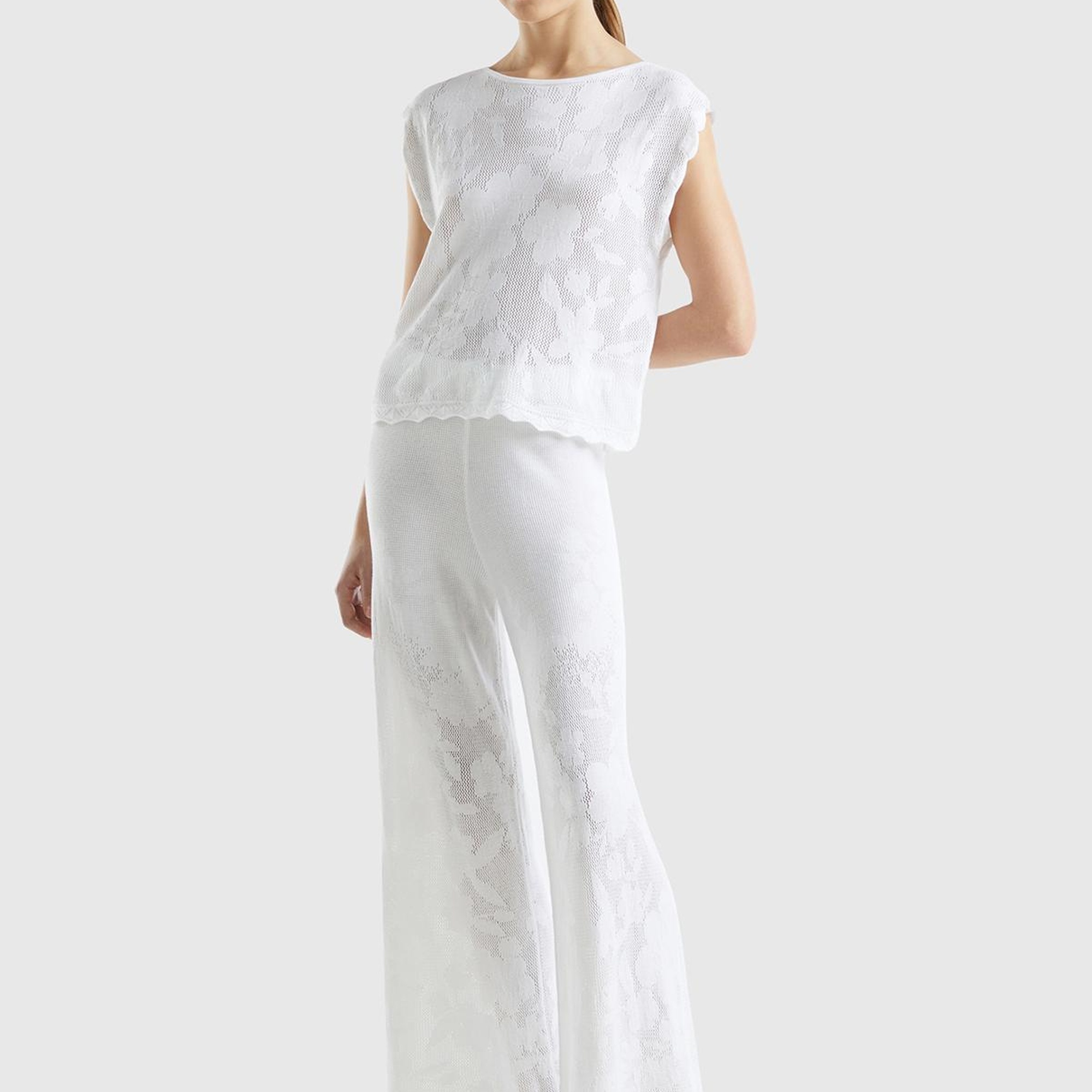 Kadın Beyaz Pamuk Modal Karışımlı Motifli Normal Bel Triko Pantolon