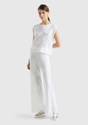  Kadın Beyaz Pamuk Modal Karışımlı Motifli Normal Bel Triko Pantolon