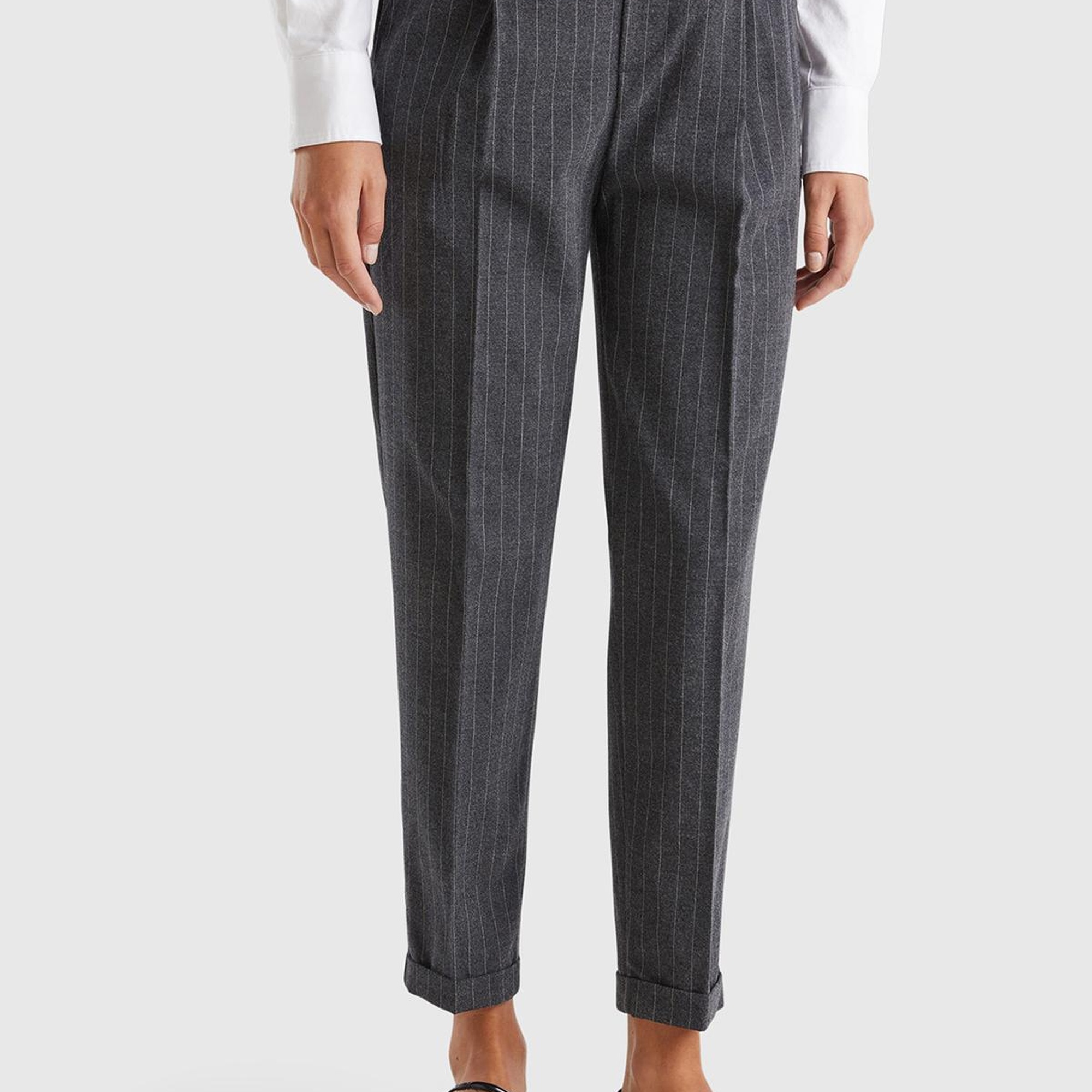 Kadın Antrasit Viskoz Karışımlı Beli Lastikli İnce Çizgili Jogger Pantolon