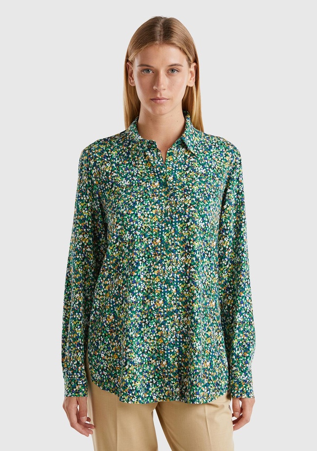  Kadın Yeşil %100 Viskoz Tamamı Desenli Uzun Kollu Gömlek