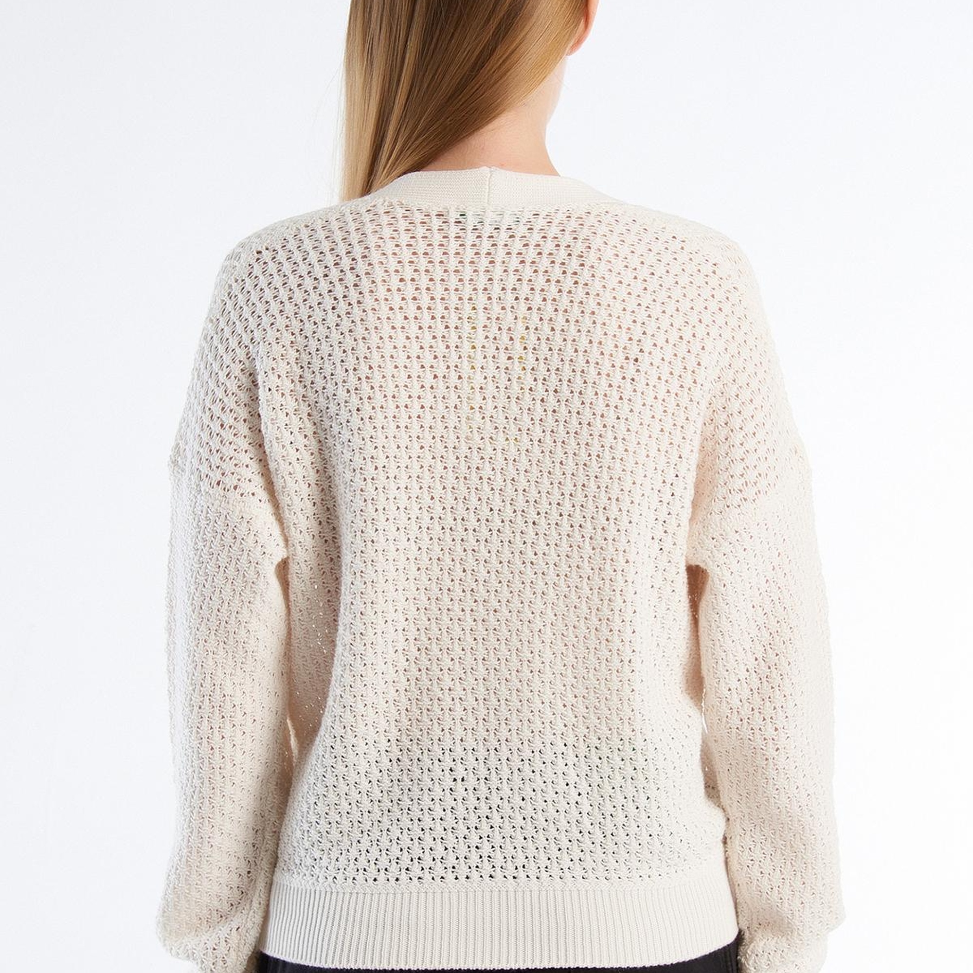 Kadın Krem %100 Pamuk Tamamı Desenli Önü Düğmeli Hırka