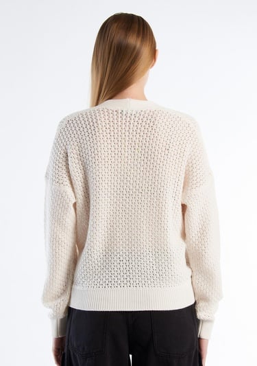  Kadın Krem %100 Pamuk Tamamı Desenli Önü Düğmeli Hırka