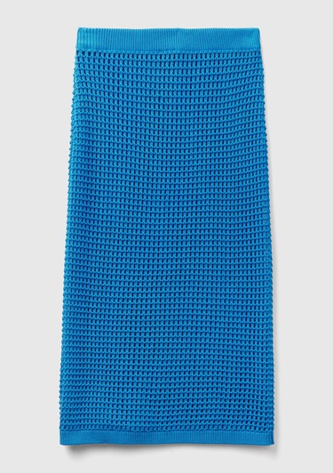  Kadın Mavi %100 Pamuk Örgü Motifli Diz Altı Etek