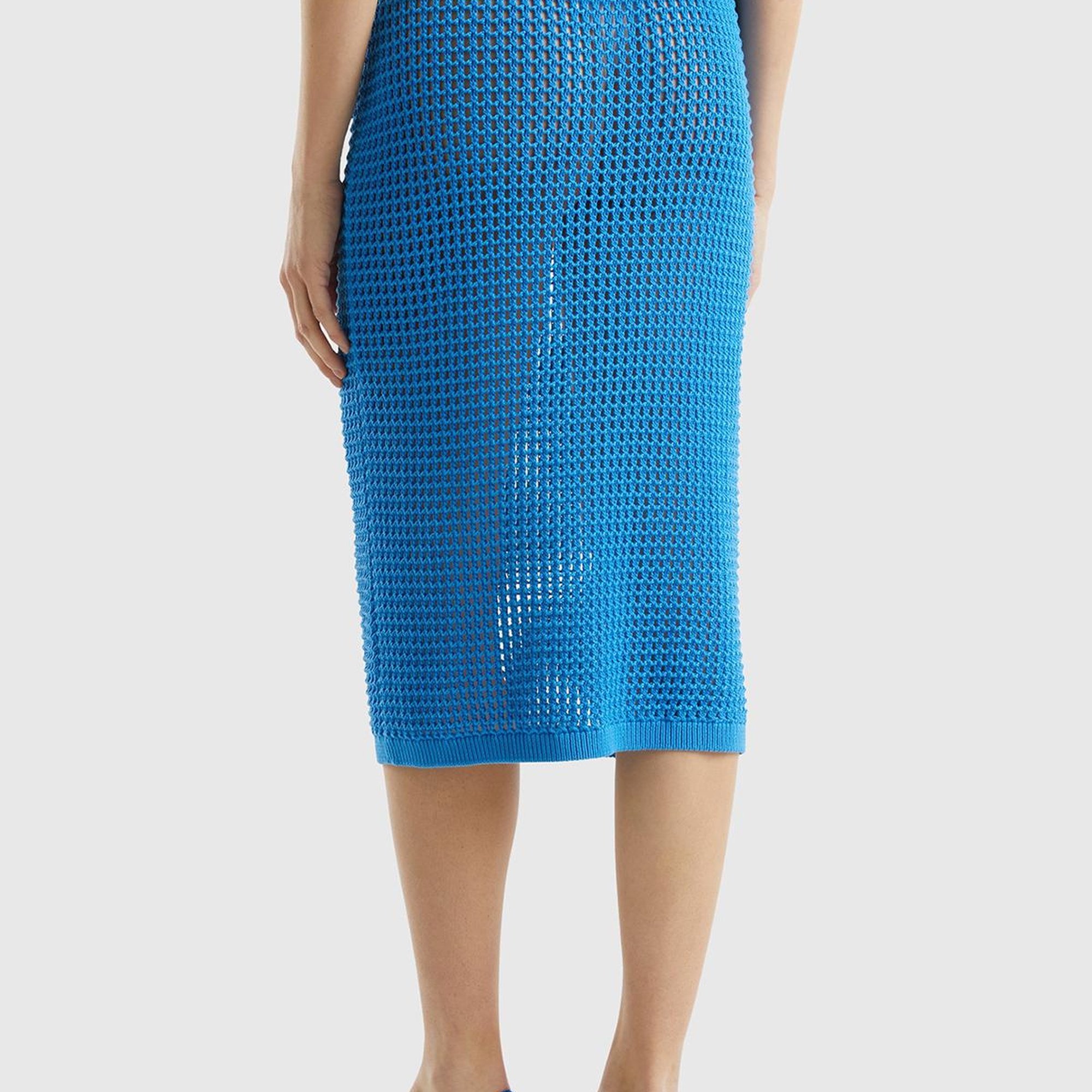 Kadın Mavi %100 Pamuk Örgü Motifli Diz Altı Etek