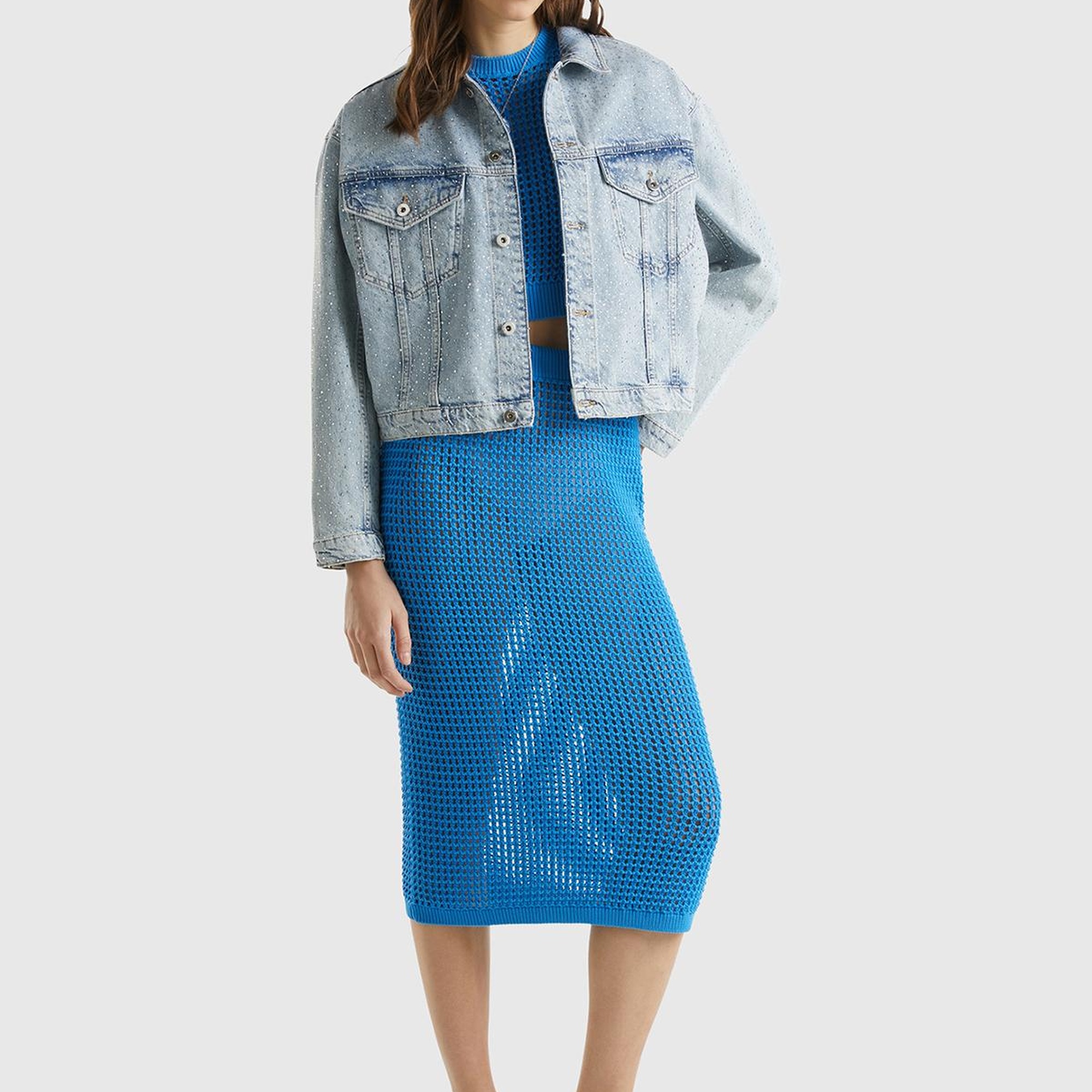 Kadın Mavi %100 Pamuk Örgü Motifli Diz Altı Etek