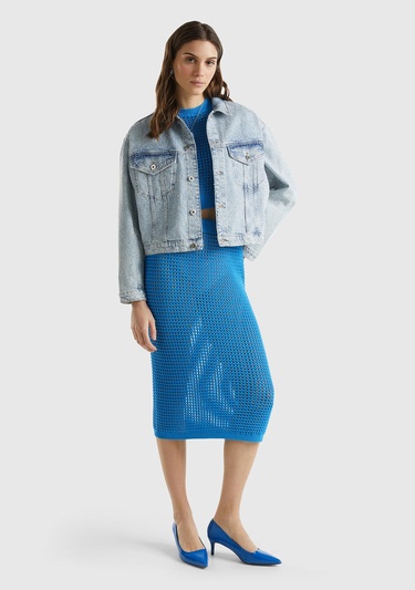  Kadın Mavi %100 Pamuk Örgü Motifli Diz Altı Etek