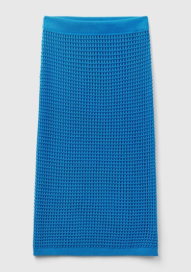  Kadın Mavi %100 Pamuk Örgü Motifli Diz Altı Etek