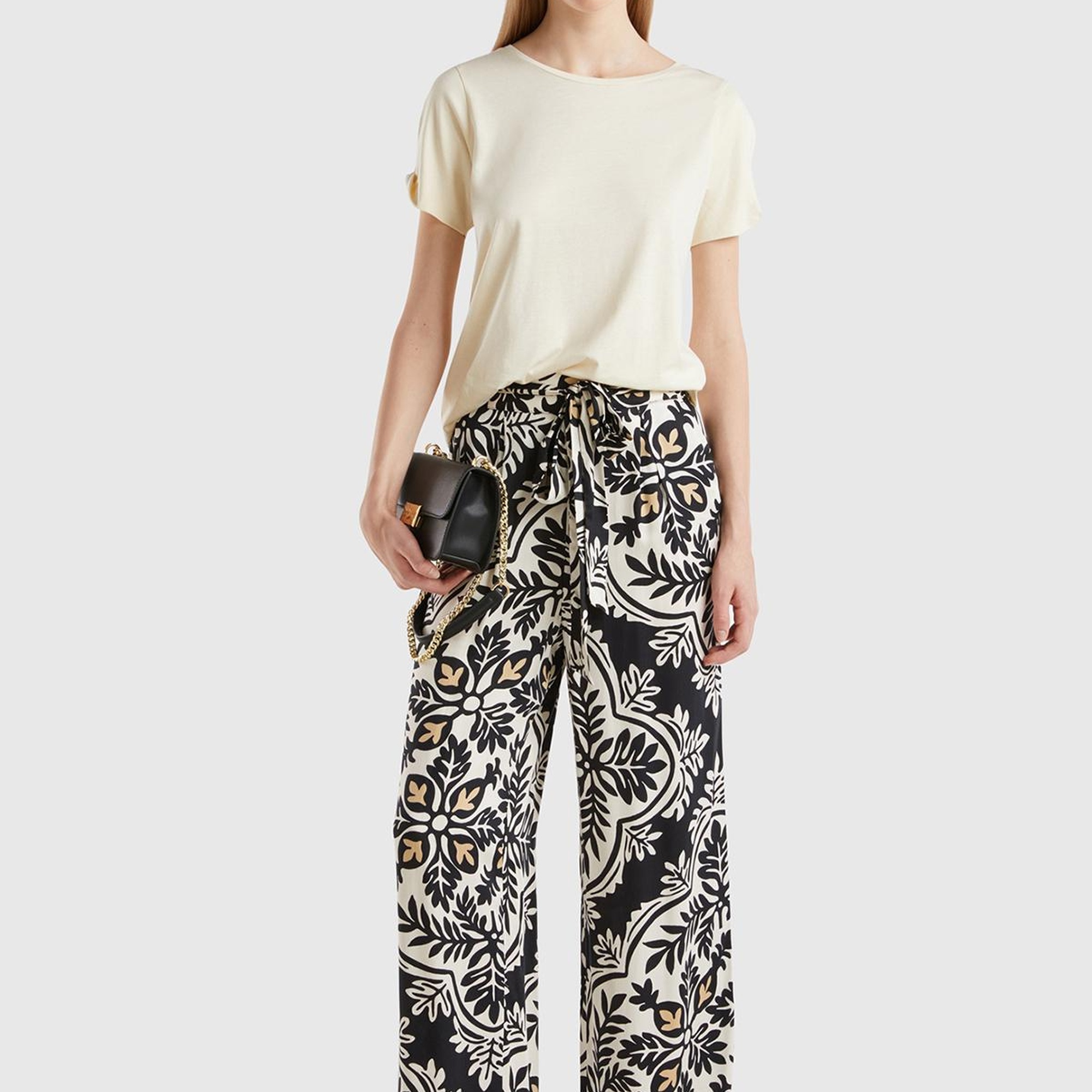 Kadın Gümüş %100 Viskoz Beli Bağlama Detaylı Tamamı Baskılı Pantolon