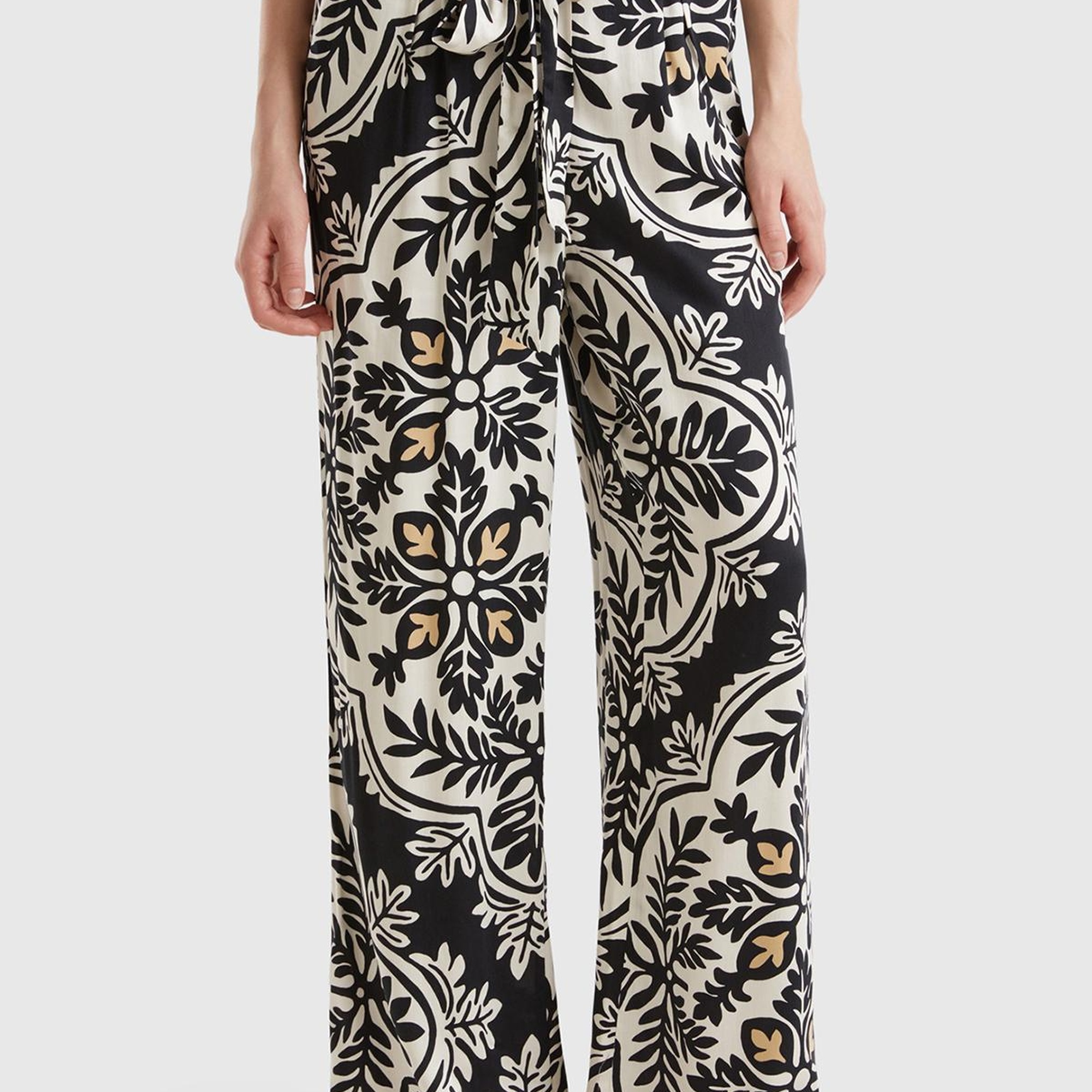 Kadın Gümüş %100 Viskoz Beli Bağlama Detaylı Tamamı Baskılı Pantolon