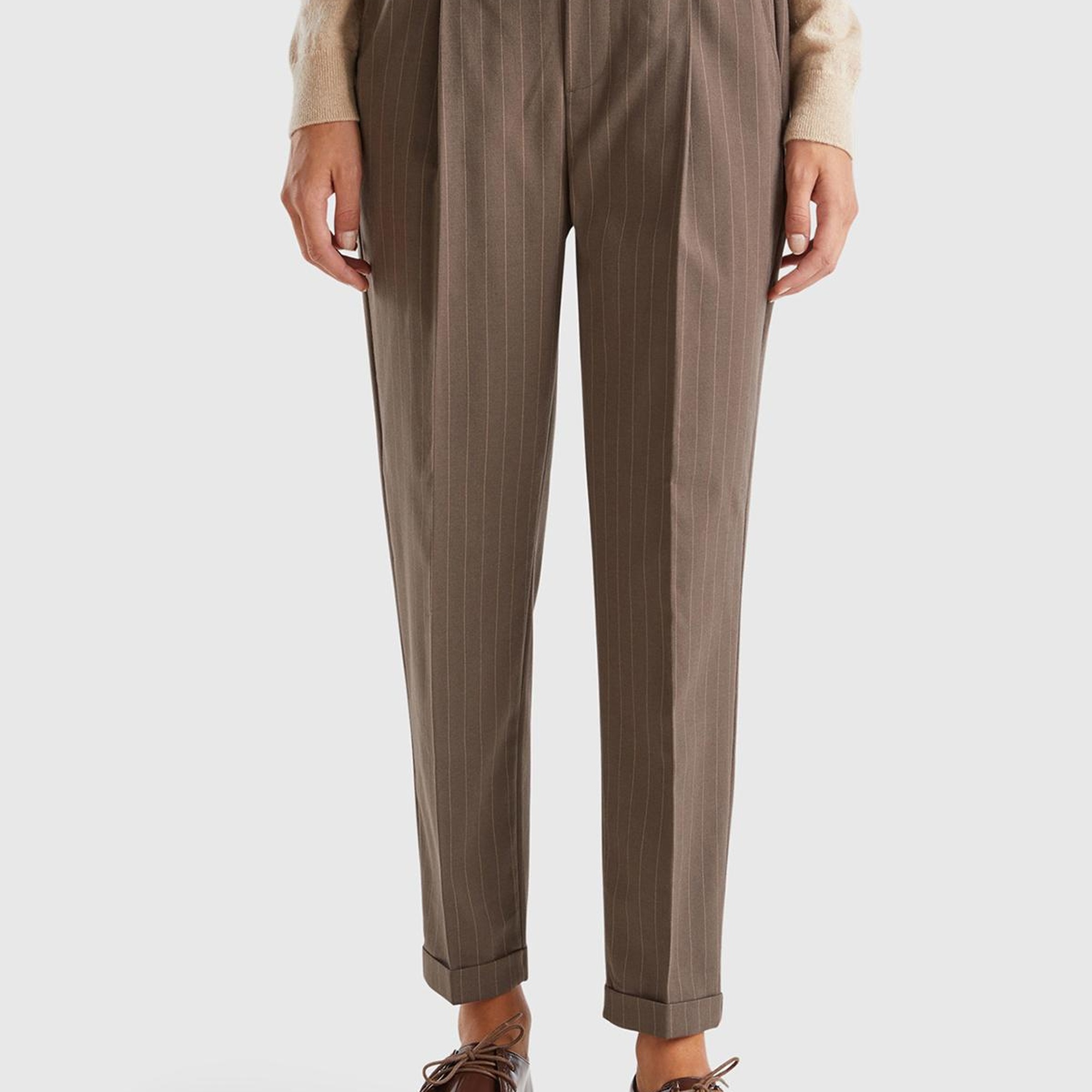 Kadın Taba Viskoz Karışımlı Beli Lastikli İnce Çizgili Jogger Pantolon