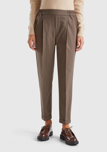  Kadın Taba Viskoz Karışımlı Beli Lastikli İnce Çizgili Jogger Pantolon